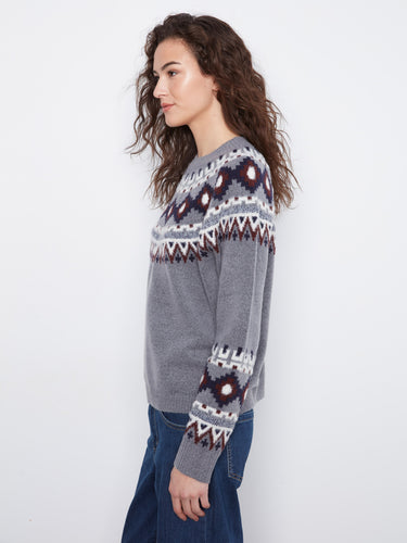 Stylish heather-grey sweater with intricate patterns on the sleeves for added elegance by Charlie B.