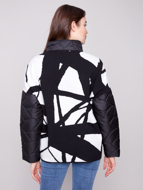 Jacket with geometric jacquard knit back and cozy quilted fabric for warmth and style by Charlie B.