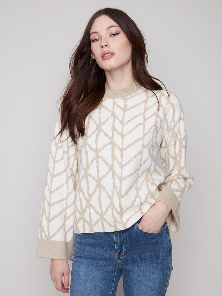 Jacquard Sweater With Folded Cuffs - Ecru