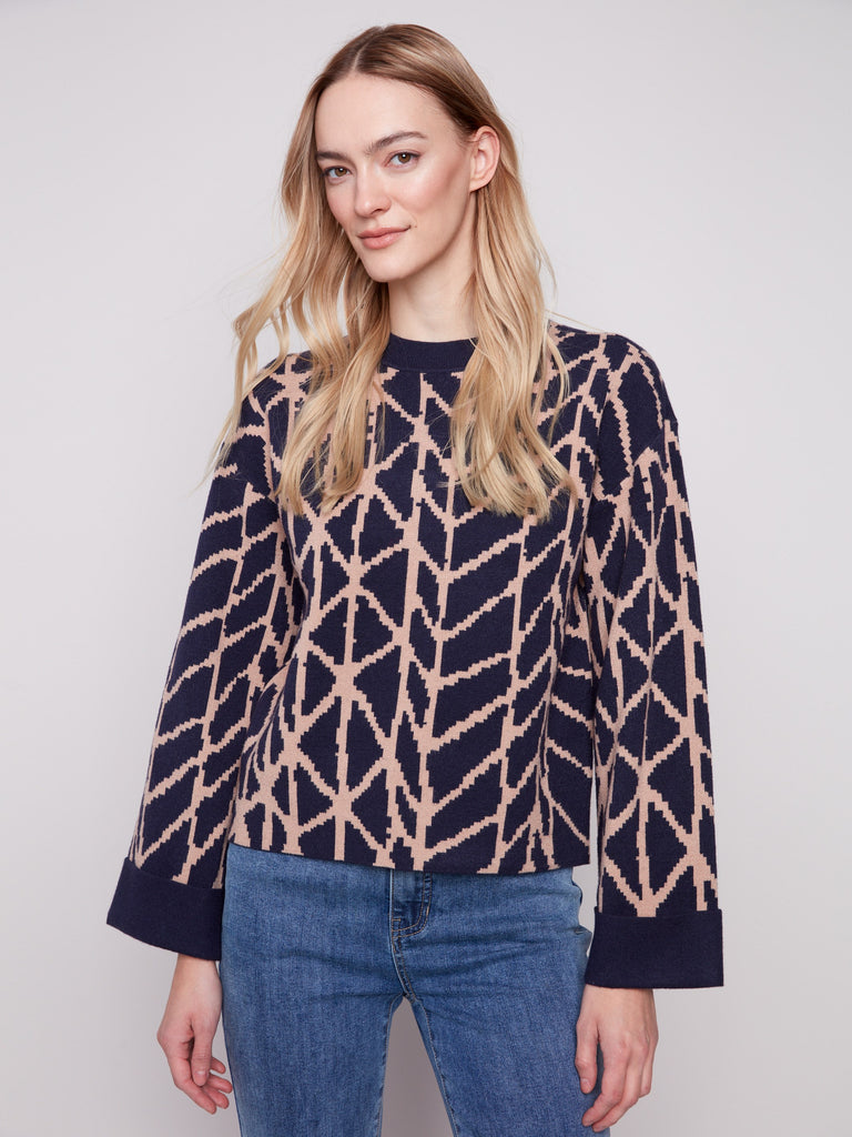 Jacquard Sweater With Folded Cuffs - Navy
