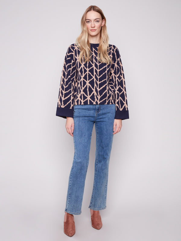 Jacquard Sweater With Folded Cuffs - Navy