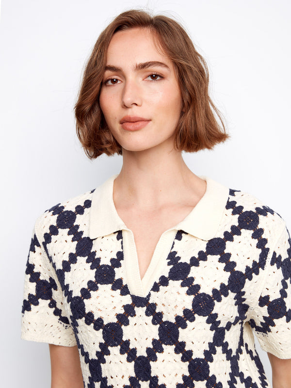 Johnny Collar Crochet Cotton Blend Top - Navy