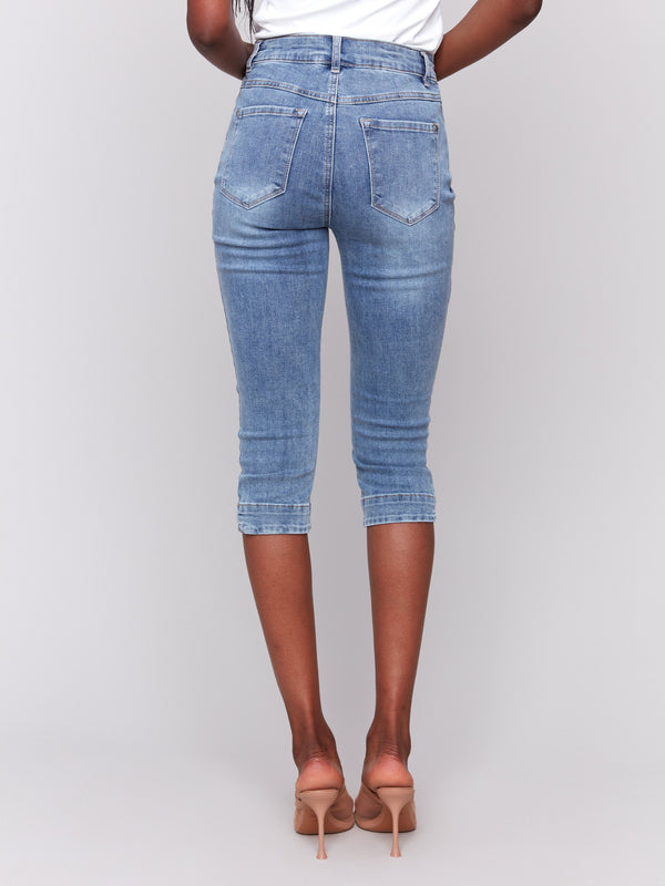 Knee-high cropped design in versatile medium blue denim by Charlie B.