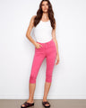 Slim fit pink capri pants featuring a five-pocket design, perfect for a chic casual look. Crafted with care by Charlie B.