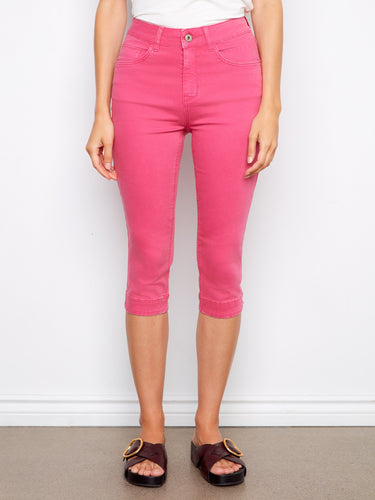 Regular rise pink capri pants crafted from stretch twill material for ultimate comfort and style. Created by Charlie B.