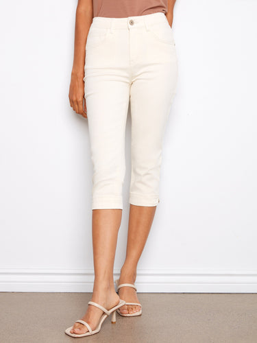 Knee length capris offer comfort and style, ideal for any casual outing. Designed by Charlie B.