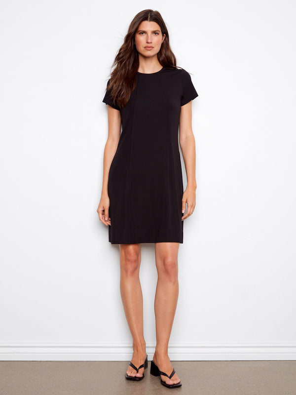 Elegant black dress with a flattering crew neckline and short sleeves, perfect for any occasion by Charlie B.