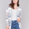 Striped knit cardigan in denim hues with an open-front design by Charlie B.