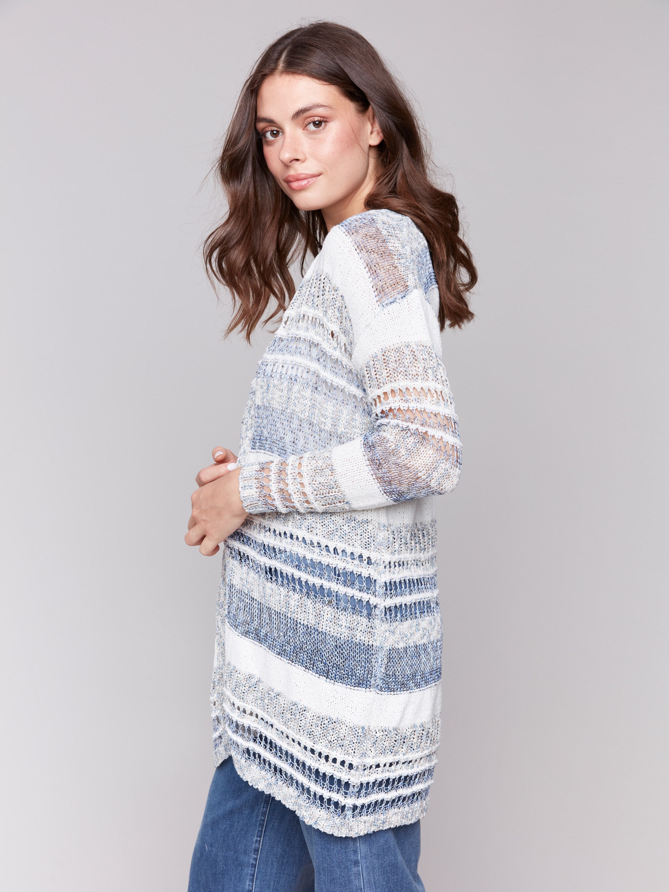 Denim-hued cardigan with a stylish striped pattern and long sleeves by Charlie B.