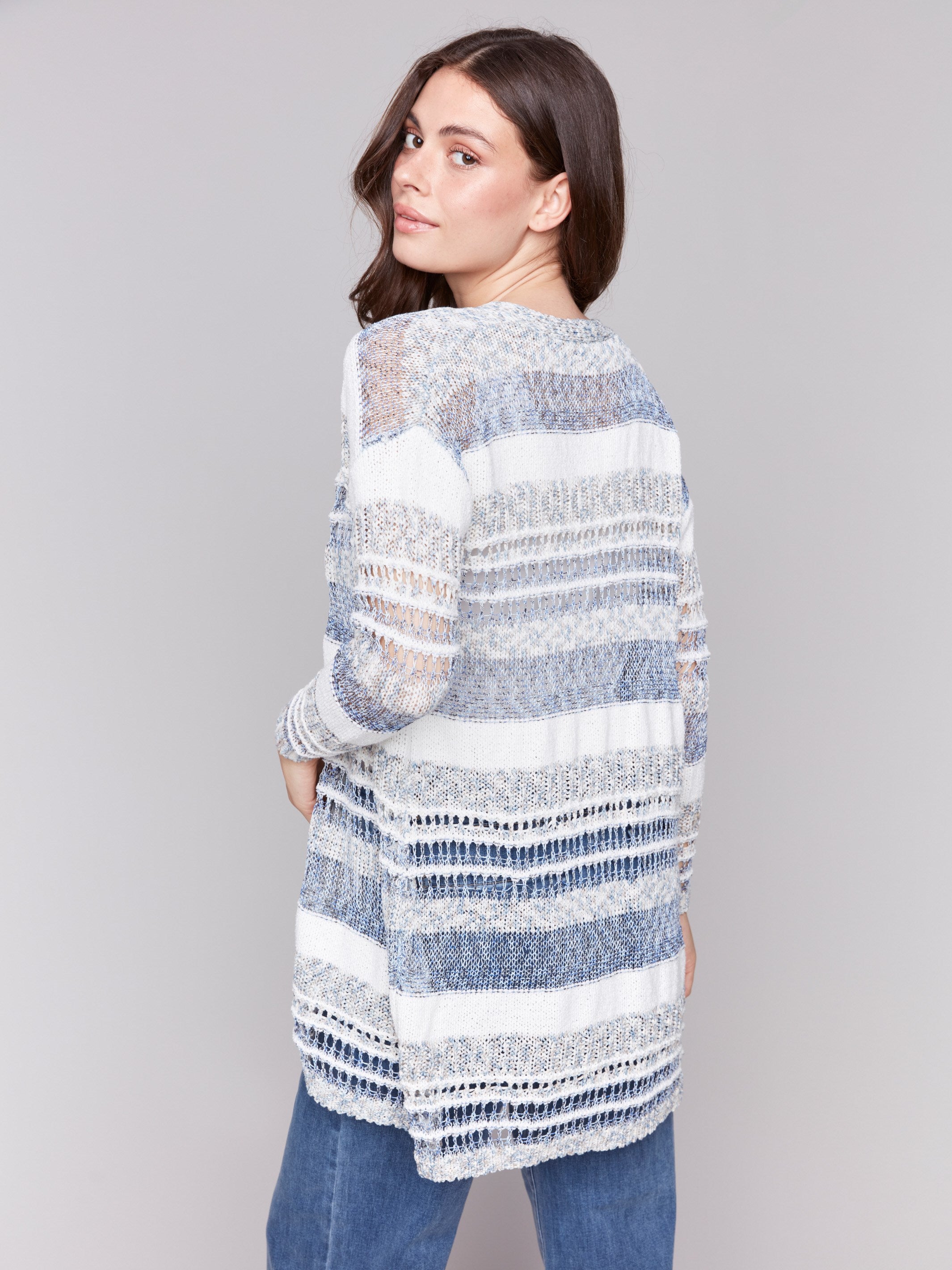 Knit fabric cardigan in denim tones with an elegant open-front style by Charlie B.