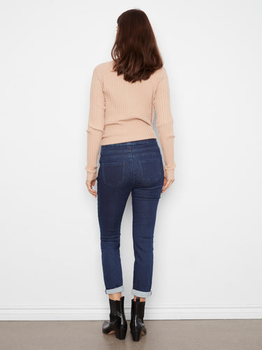 Stylish Blue Black knit denim joggers showcasing roll-up cuffs and side pockets by Charlie B.