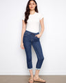 Indigo knit denim jogger pants showcasing a five-pocket design and cropped length for versatile styling by Charlie B.