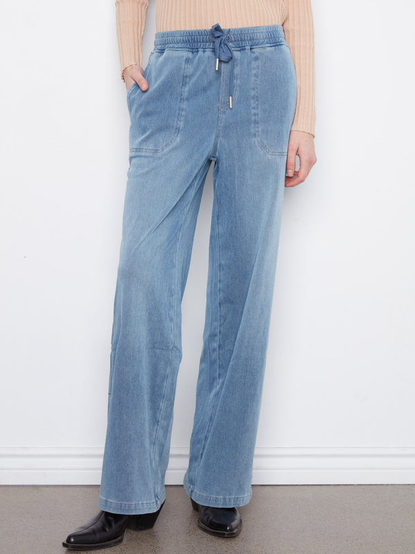 Pantalon jogger à jambe larges en denim tricoté - Bleu Moyen