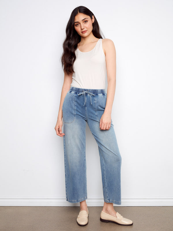 Casual knit denim pants in medium blue, perfect for any relaxed outing by Charlie B.