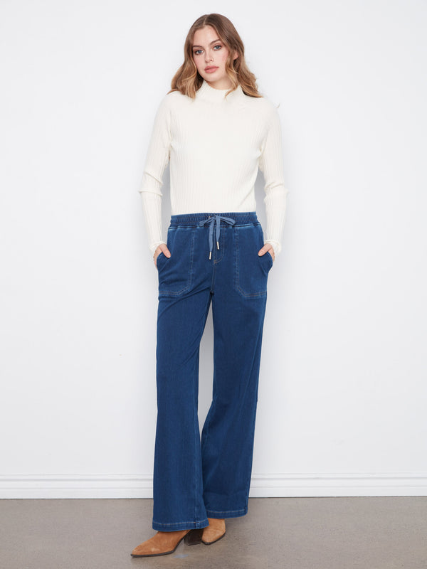 Pantalon jogger à jambe large en denim tricoté - Indigo