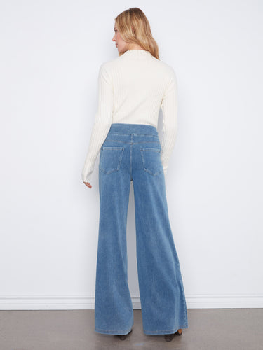 Enjoy the relaxed fit of these medium blue wide-leg jeans crafted from soft stretch knit denim by Charlie B.