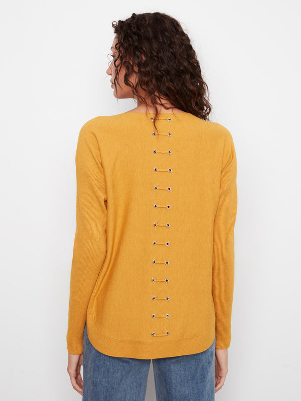 Knit Sweater With Back Lace-Up Detail - Amber