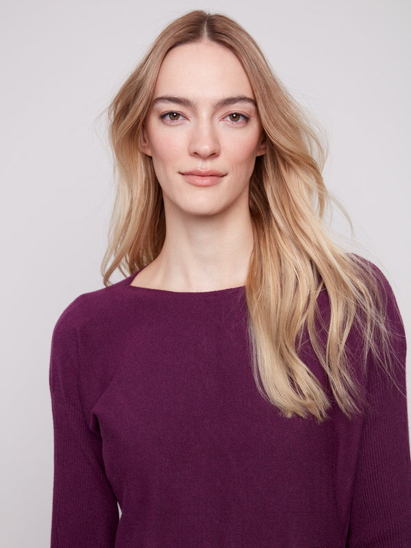 Chic berry knit sweater with comfortable long ribbed sleeves for a cozy feel by Charlie B.