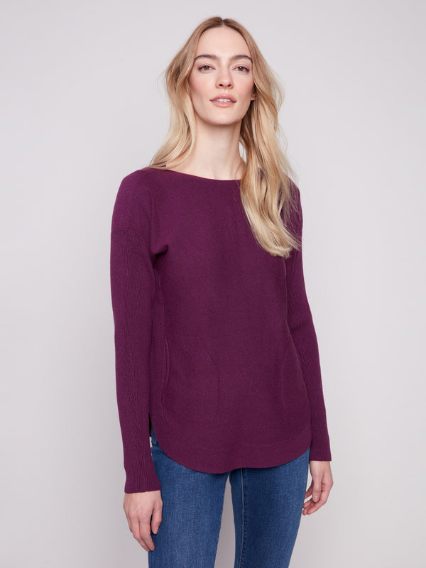 Stylish berry knit with a flattering rounded hem, perfect for any casual outing by Charlie B.