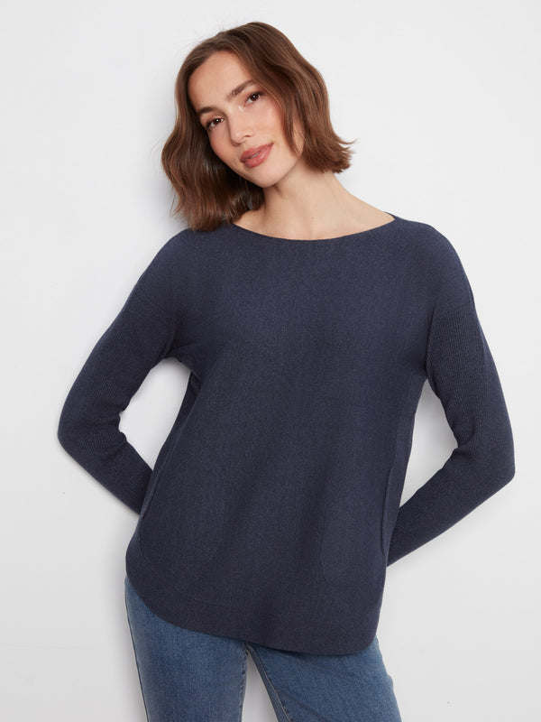 Knit Sweater With Back Lace-Up Detail - Heather Denim