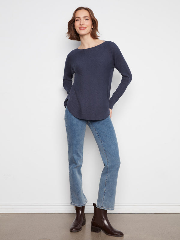 Knit Sweater With Back Lace-Up Detail - Heather Denim