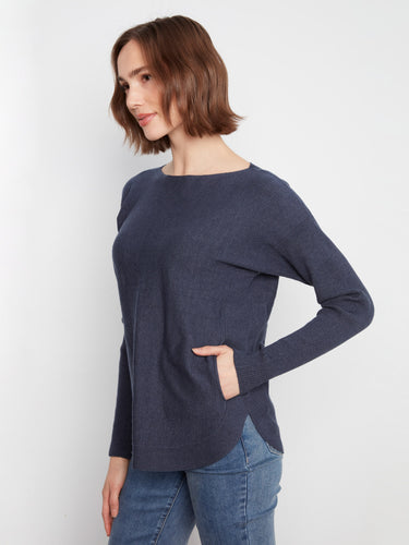 Boat neck knit sweater with practical front pockets, perfect for casual outings or lounging by Charlie B.