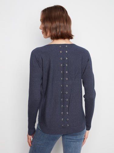 Back lace-up detail adds an edgy touch to this versatile and fashionable knit sweater by Charlie B.