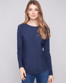 Elegant heather denim sweater featuring a stylish boat neck and ribbed long sleeves, perfect for any occasion by Charlie B.