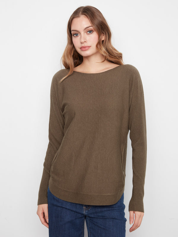 Knit Sweater With Back Lace-Up Detail - Heather Moss