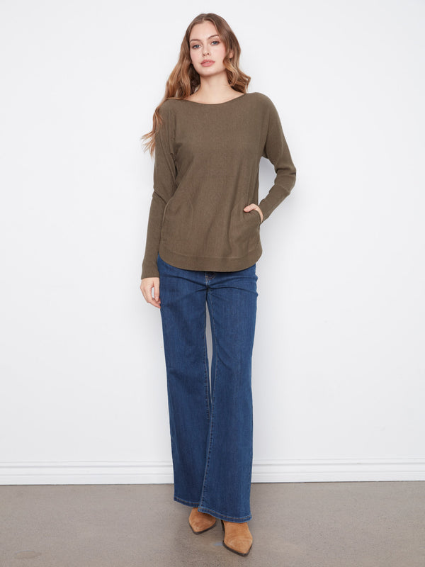 Knit Sweater With Back Lace-Up Detail - Heather Moss