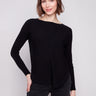 Black knit sweater featuring a stylish boat neck design and elegant front pockets by Charlie B.