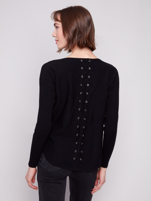 Sophisticated black knit sweater with unique back lace-up eyelet details for added flair by Charlie B.