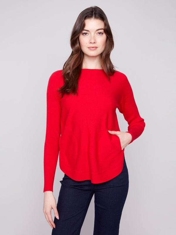 Crimson sweater featuring a stylish boat neck and ribbed sleeves, perfect for a casual outing by Charlie B.
