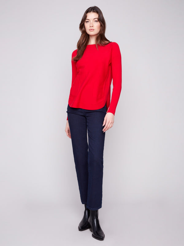 Knit Sweater With Back Lace-Up Detail - Crimson