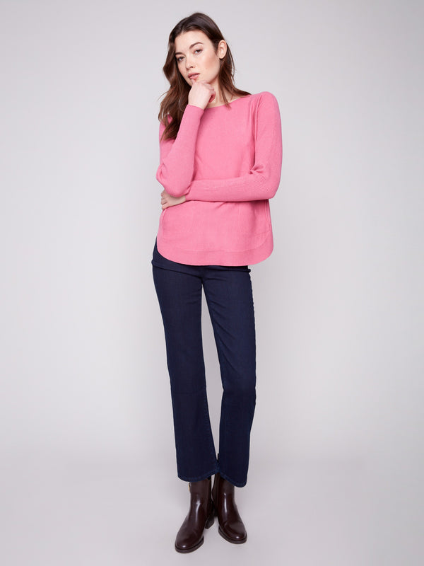 Stylish heather rose sweater designed with a rounded hem for a flattering silhouette by Charlie B.