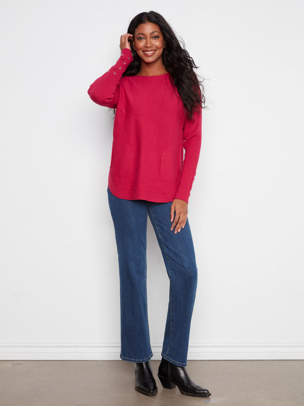 Chandail tricoté avec poignets à lacets - Cerise