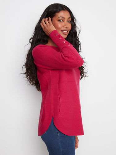 Sophisticated knit sweater in truffle with charming cuff lace-up detail and side pockets by Charlie B.