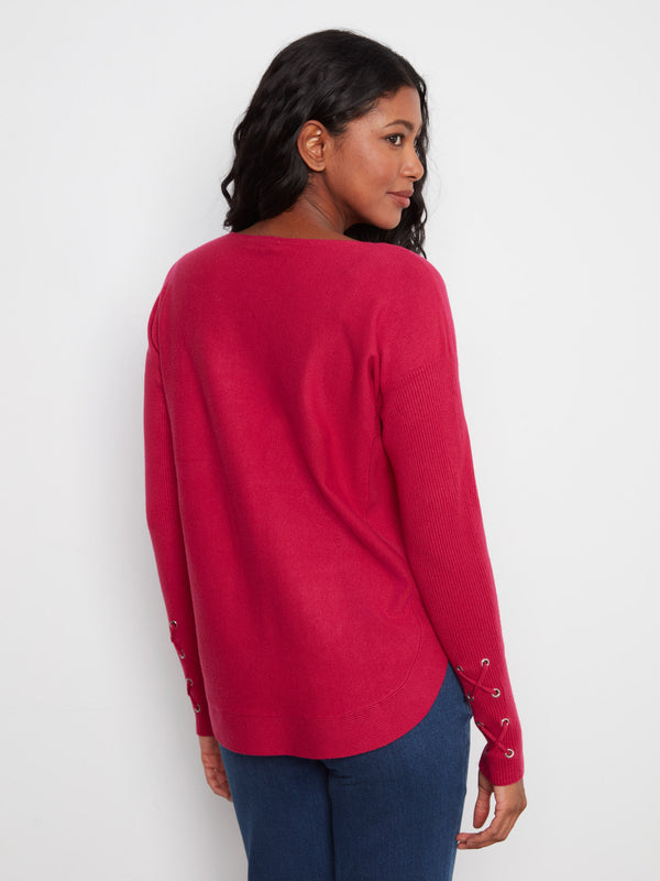 Chandail tricoté avec poignets à lacets - Cerise