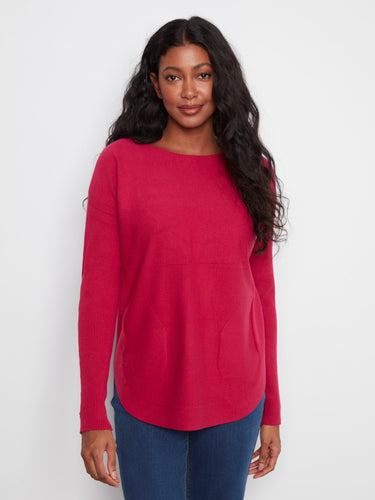 Long-sleeve knit sweater in truffle with practical side pockets and ribbed cuffs for added flair by Charlie B.