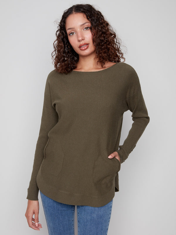 Spruce knit sweater featuring a stylish boat neck and convenient side pockets, perfect for any casual outing by Charlie B.