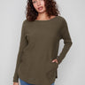 Spruce knit sweater featuring a stylish boat neck and convenient side pockets, perfect for any casual outing by Charlie B.