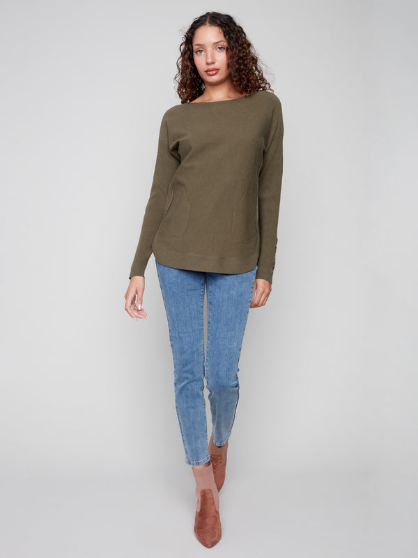Elegant spruce knit sweater with long ribbed sleeves and a comfortable fit for everyday wear by Charlie B.