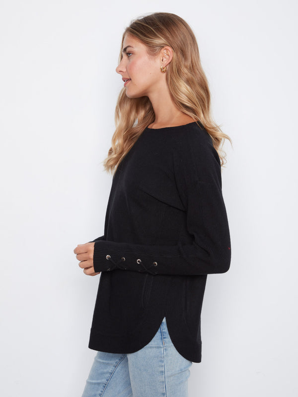 Chandail tricoté avec poignets à lacets - Noir
