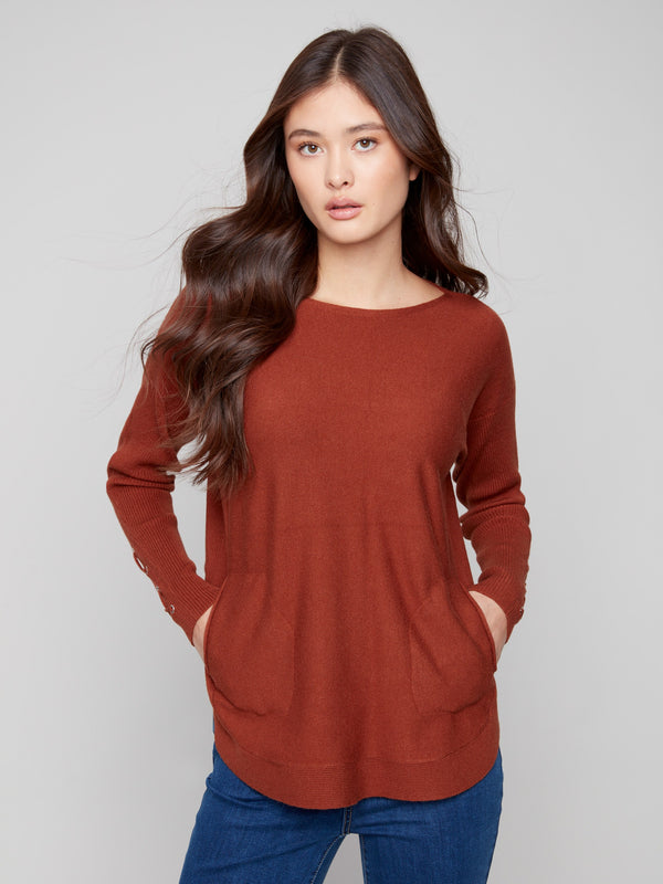 Sepia knit sweater with convenient side pockets, perfect for a casual look by Charlie B.