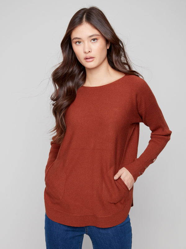 Chic sepia sweater designed with a flattering rounded hem and cozy fit by Charlie B.