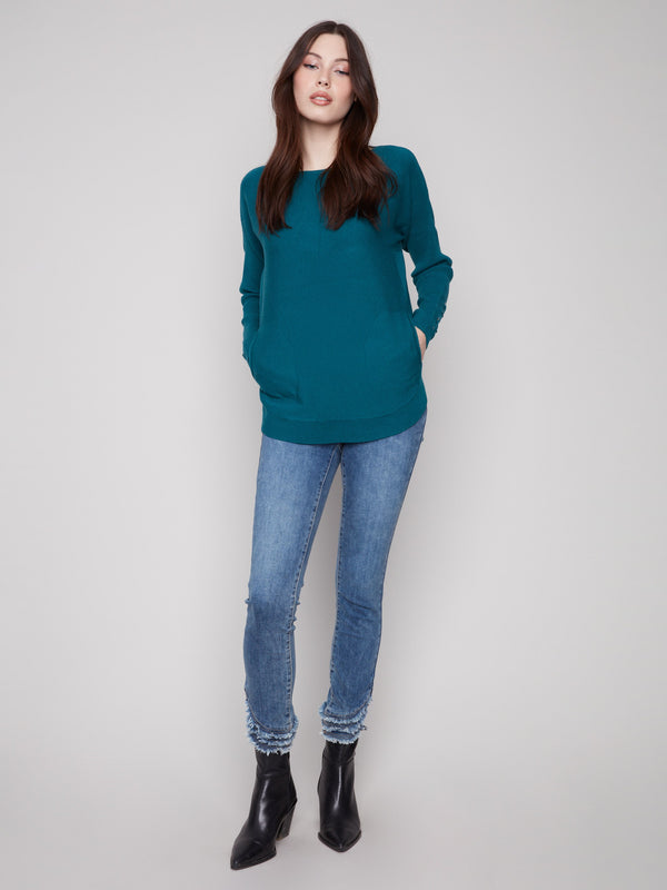 Knit Sweater With Lace-Up Cuffs - Evergreen