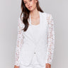 White lace blazer with lapel notch collar, showcasing elegant design by Charlie B.