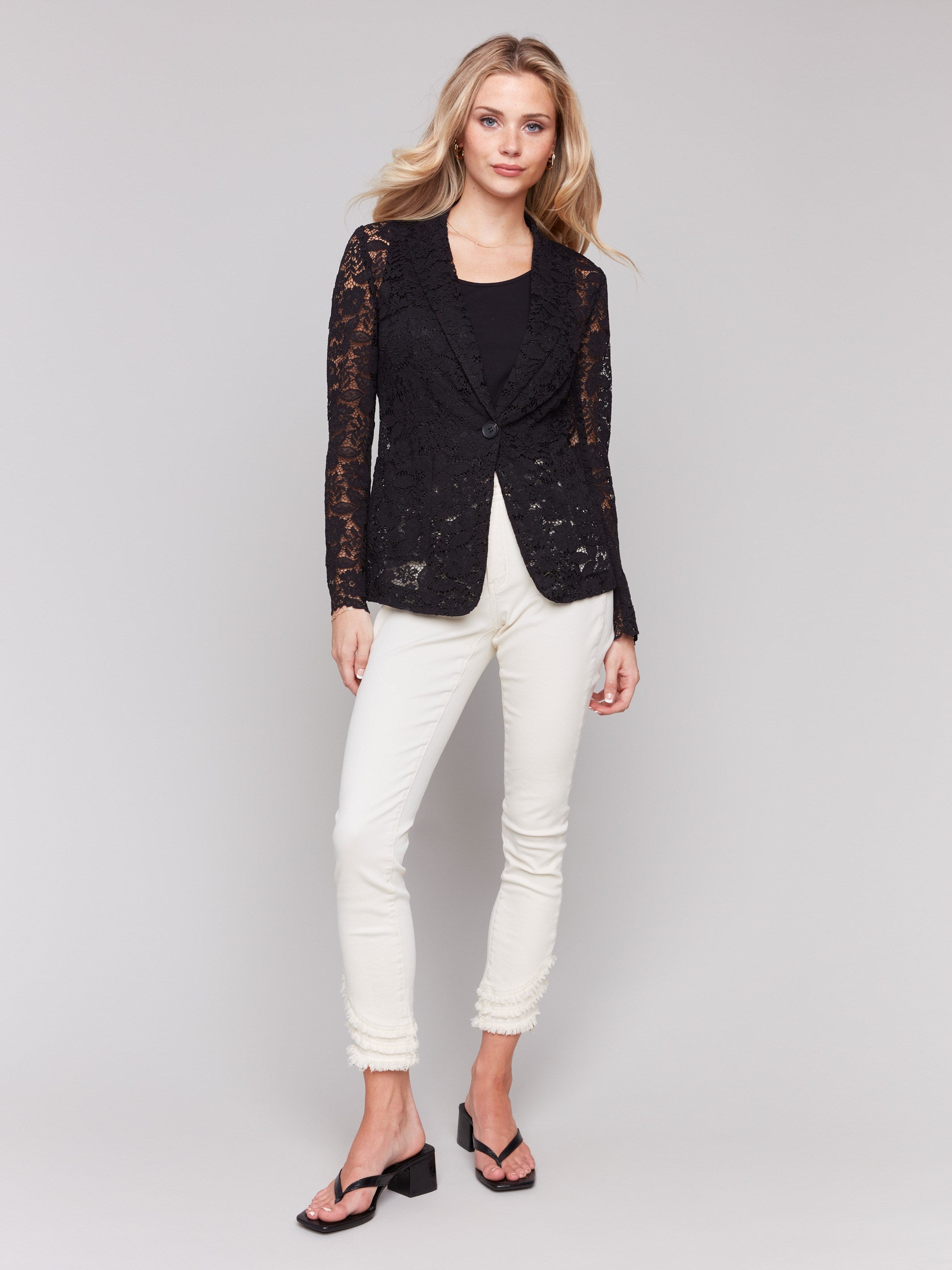 Elegant black lace blazer with secure button closure by Charlie B.