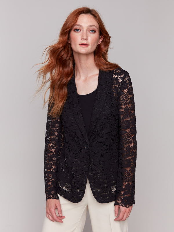 Classic button-down style in an all-black lace finish by Charlie B.