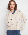 Heather Oat sweater with V-neckline and embroidered hearts, featuring a layered shirt collar by Charlie B.
